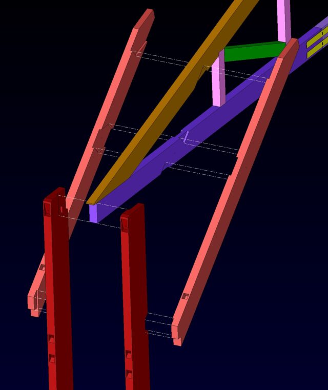 方杖付トラスフレームの方杖付近の仕口拡大した3DCAD画像