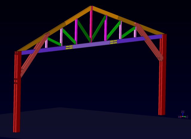 18.2mスパンの方杖付トラスフレームの全体3DCAD画像
